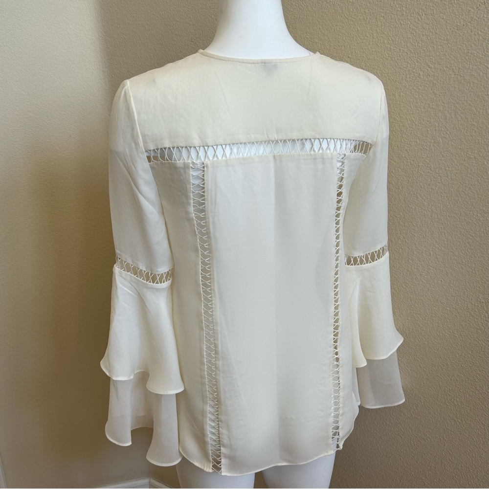 Haute Hippie Silk Blouse XS Creme Ruffle Sleeves Eyelet trim Button Front - Picture 2 of 5